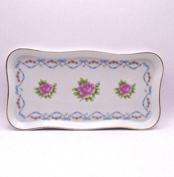 Vintage Lefton Vanity Tray: Roses, Blue Ribbons, Gold Trim