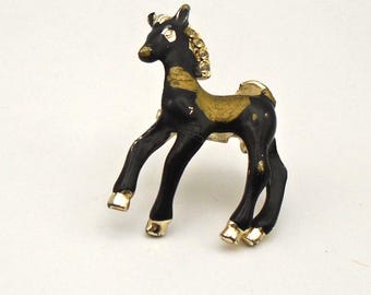 Vintage Black Foal Horse Lapel Pin, Rhinestone Mane and Eyes, Matte Black Finish, Hand-painted With Fold Over C-Clasp