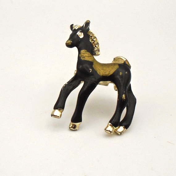 Vintage Black Foal Pin: Rhinestone Mane, Hand-Painted Pony Brooch