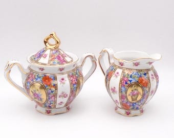 19th Century Antique Fine Porcelain Ornate Sugar Bowl and Creamer, Hand-Painted Florals with Gold Accents, Rare Find