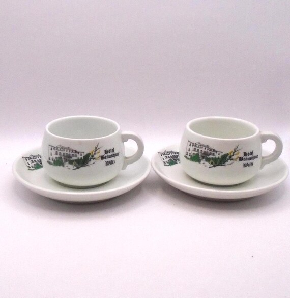 Vintage GDA Limoges France Tea Cup & Saucer Set: Hotel Beau Sejour Wiltz
