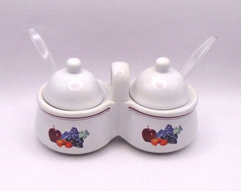 Vintage Ceramic Houston Harvest Jam/Jelly / Condiment Server with Lids and Spoons #1812FY06