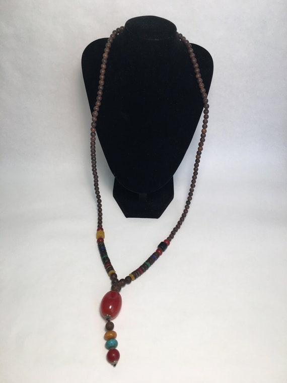 Vintage "Glass and Wood Bead" Tassel Necklace