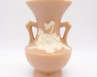 Vintage Collectible 1930's Weller Pottery Peach Cameo Vase with White Flowers, Ohio, USA