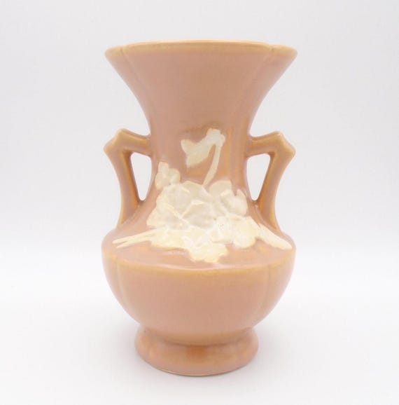 Vintage Collectible 1930's Weller Pottery Peach Cameo Vase with White Flowers, Ohio, USA