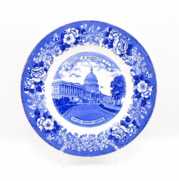 Vintage US Capitol Souvenir Plate: Blue White Staffordshire Transferware