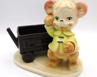 Vintage 1950's Children's "Bear with Wagon" potter planter by Shawnee, USA