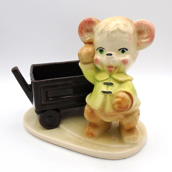 Vintage Shawnee Bear with Wagon Pottery Planter, 1950s USA