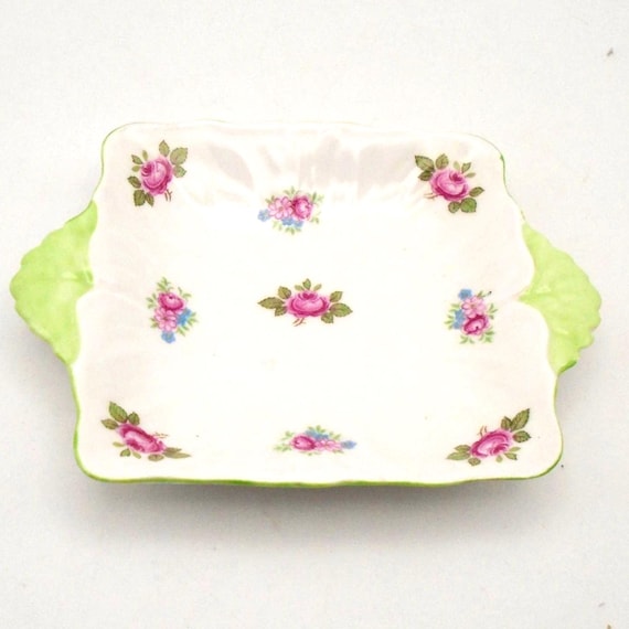 Vintage Shelley Rosebud Trinket Dish: Fine Bone China, Green Trim