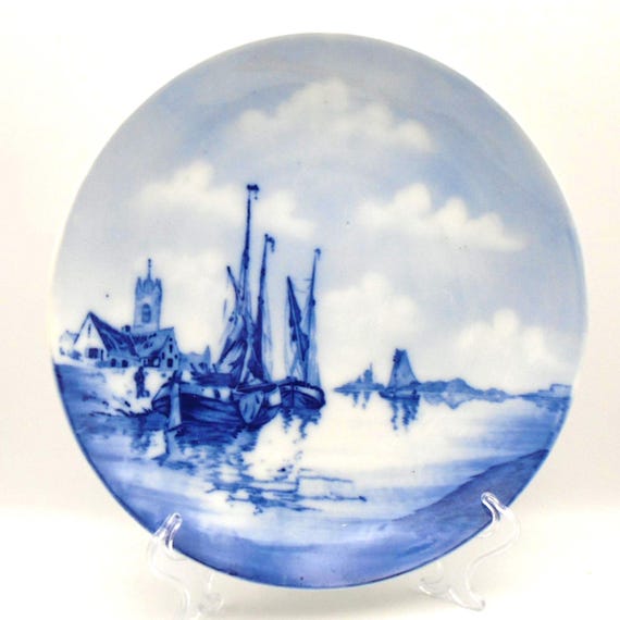 Vintage RC Rosenthal Blue Delft Plate: German Ship & Tower Decor