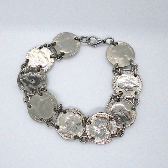Vintage Sterling Silver 3 Pence Bracelet - Coins date from the 1890's to the 1930's.