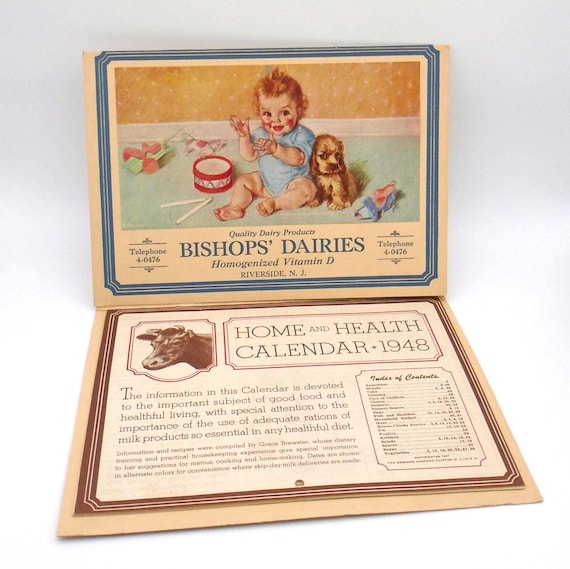 Vintage 1948 Bishops' Dairies Calendar: Home & Health Promotional Ephemera