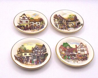 Vintage Set of 4 Myott "Old Coach House", Miniature Plates Representing York, Stafford, Bristol, and Woolhampton, Made in England