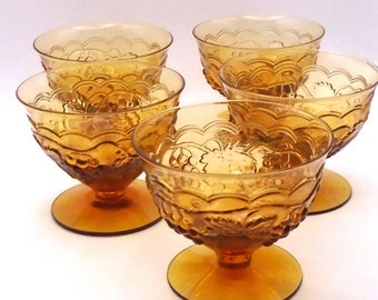 Vintage Mid-Century Modern Amber Colored Glass Pedestal Dessert/Sherbet Dishes, Set of 5