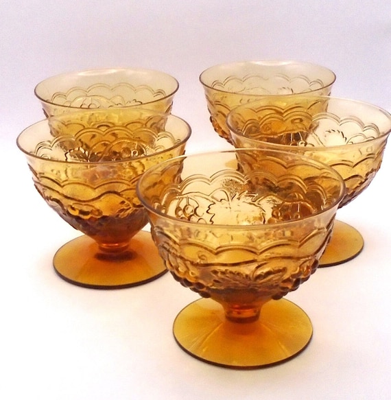 Vintage Mid-Century Modern Amber Colored Glass Pedestal Dessert/Sherbet Dishes, Set of 5