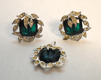 Vintage 50's Sarah Coventry Holiday Ice Clip-on Earring and Pendant with emerald color glass and Rhinestones