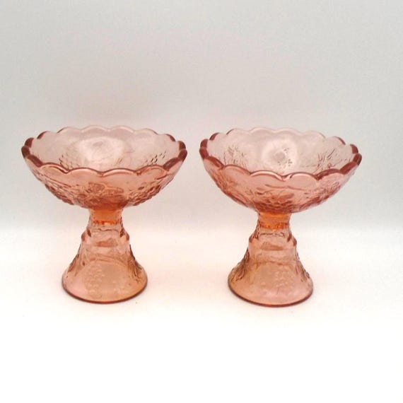 Vintage Indiana Glass Pink Depression Glass Open Compote, Dessert Dishes, Harvest Grape design, Set of 2