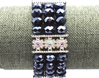 Vintage Three Strand Iridescent Dark Blue Beaded Stretch Bracelet with Five Silver and Rhinestone Accents