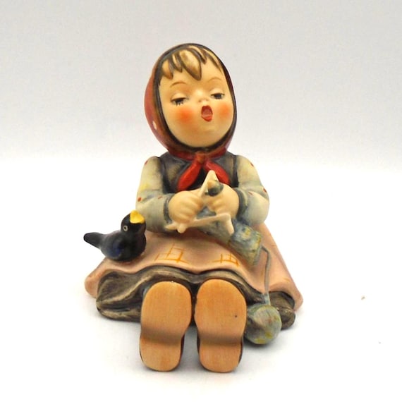 Vintage Hummel Figurine: Happy Pastime Girl Knitting with Bird, TMK 5 (1972-1979)
