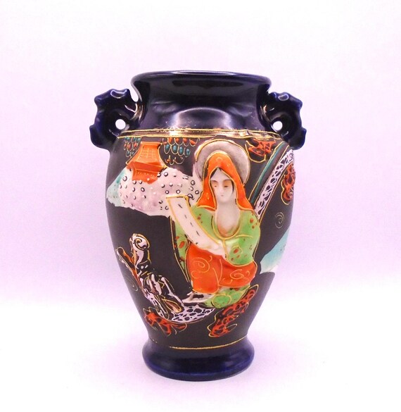 Vintage Satsuma Style Moriage Dragon Ware Vase, Cobalt Blue, Hand Painted, Made in Japan