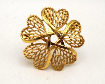 Vintage Crown Trifari Gold Five-Petaled Flower Five-Heart Brooch/Pin, Circa 1960's