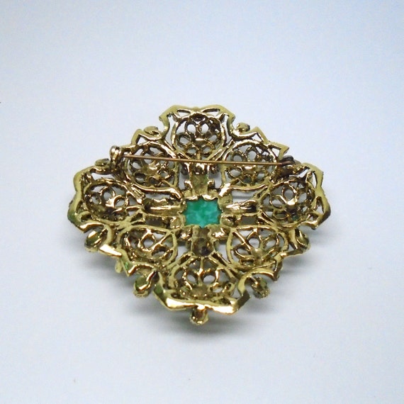 Vintage Metal and Faux Jade Brooch - image 4