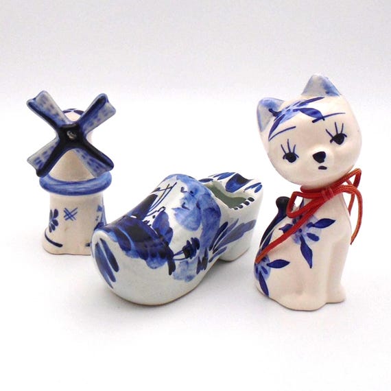 Vintage Delft Blue Bundle - 3 pieces, Windmill, Cat and Shoe, Made in Holland