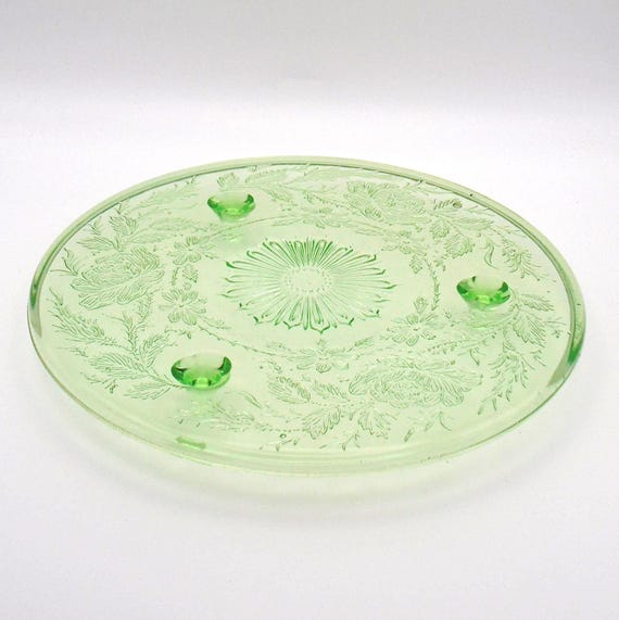 Vintage Vaseline/Uranium Depression Glass "Shaggy Rose" Footed Cake Plate, Circa 1920's-1940's