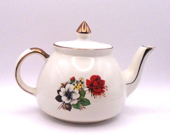 Vintage Hector Gibson Teapot - Red Rose and White Dogwood - Gold Accents, Pattern W885, Made in England, Circa 1950's