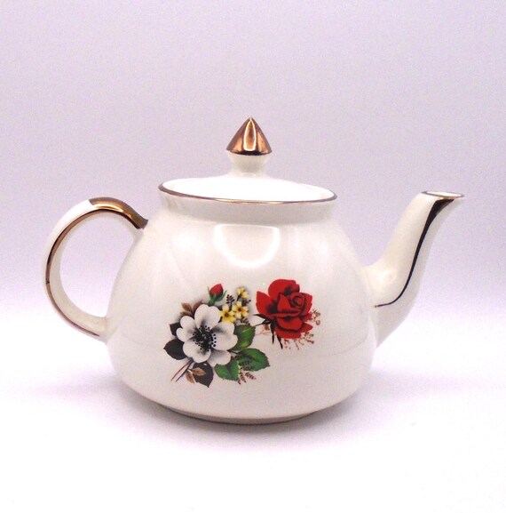 Vintage Hector Gibson Teapot: Red Rose & Dogwood, Gold Accents, England, 1950s