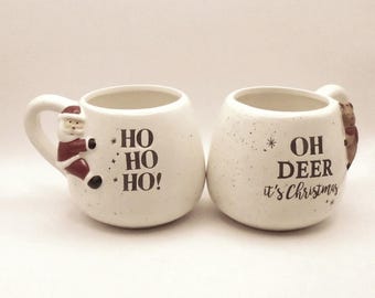 Set of Two (2) Eccolo World Traveler Christmas Mugs - Whimsical Santa and Reindeer