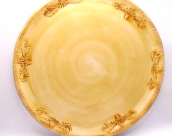 Vintage Bistro Round Serving Platter 12" Diameter, Embossed Scroll Design, Rustic Yellow