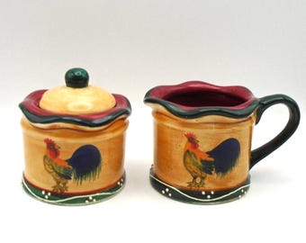 Vintage Casa Vero by ACK Rooster Sugar Bowl with Lid and Creamer Pitcher, Circa 1990's