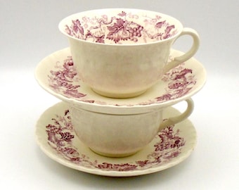 Vintage Wedgwood Porcelain "Old Vine" Purple Tea Cups and Saucers (Set of 2), Made in England, Circa 1957 to 1979
