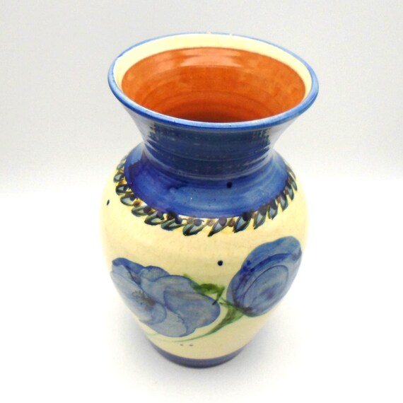 Vintage Studio Pottery Vase: Cream & Blue Floral Decor, 8.5" Tall