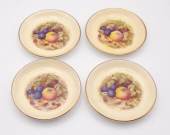 Ansley "Orchard Gold" Fruit Pattern Butter Pats, Signed by artist D Jones, Made in England, Set of 4