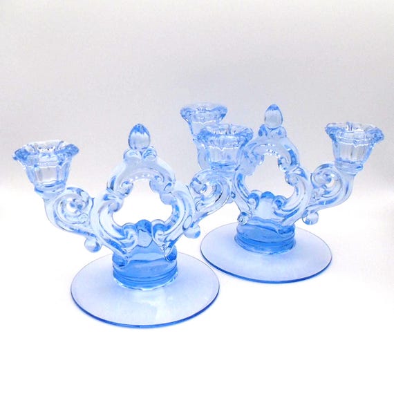 Vintage pair of Cambridge Glass "Caprice" pattern two-light candelabra in Moonlight Blue, Keyhole center
