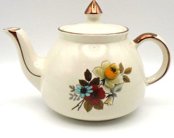 Vintage Hector Gibson Teapot - Red, Blue, and Yellow Floral Pattern - Gold Accents, Pattern W847, Made in England, Circa 1950's