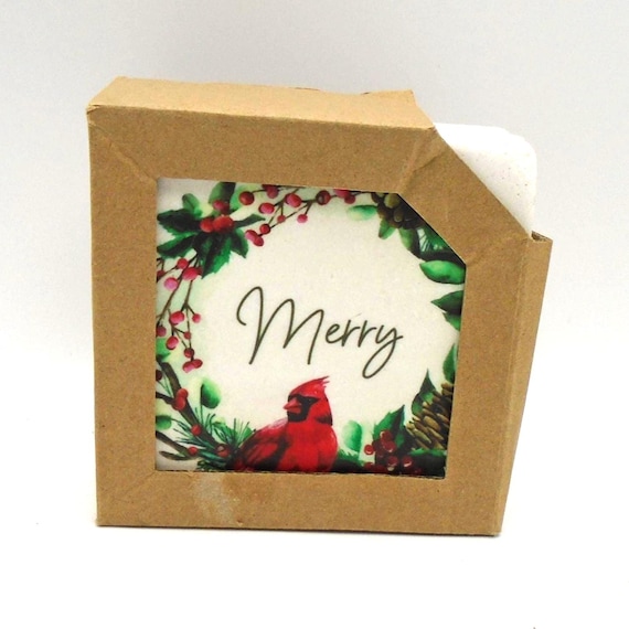 Vintage Midwest Christmas Drink Coasters, Set of 4, Cardinals in Wreaths