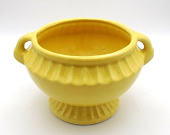 Vintage Yellow Urn Planter: Scalloped Vase with Swan Handles, NSCo Pottery