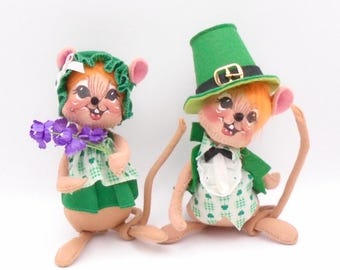 Annalee Mobilitee Posable St. Patrick's Day Girl and Boy Mouse, Circa 1998, Made in USA,  St. Patrick's Day Collectibles "Lucky Couple"