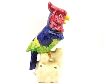 Vintage Yankoware Ceramic Cockatoo Parrot Figurine/ Flower Frog, Made in Japan, Colorful Majolica Style