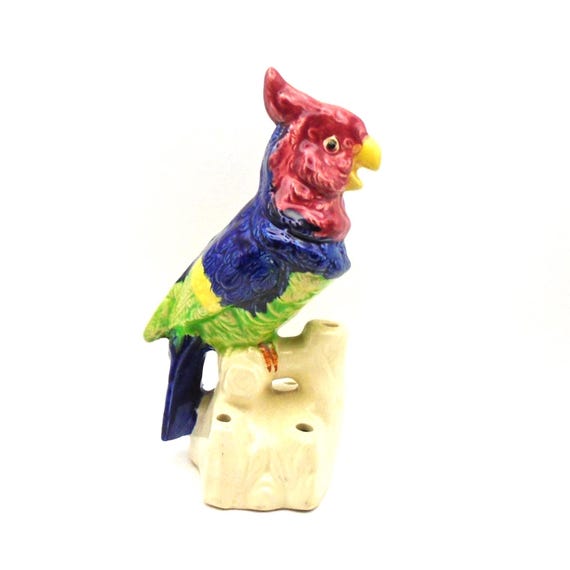 Vintage Yankoware Ceramic Cockatoo Parrot Figurine/ Flower Frog, Made in Japan, Colorful Majolica Style
