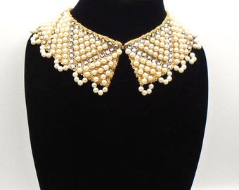 Vintage Faux Pearl, Crystal Rhinestone in Gold Weave Beaded Collar, Circa 1950's