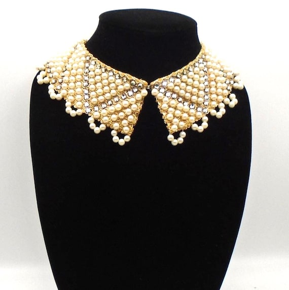Vintage Faux Pearl, Crystal Rhinestone in Gold Weave Beaded Collar, Circa 1950's