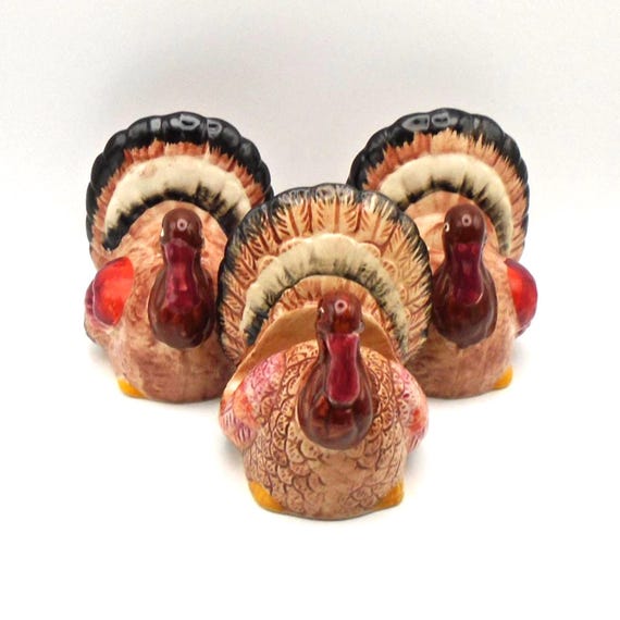 Vintage 1970's Ceramic Thanksgiving Harvest Turkey Candle Holders and Napkin Holder, Made in Japan