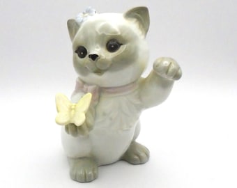 Vintage Ceramic Gray and White Kitten with Yellow Butterfly and Blue Flower Behind the Ear