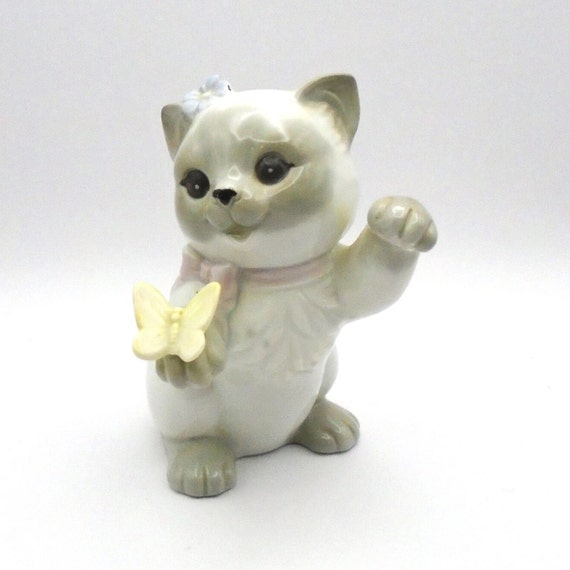 Vintage Ceramic Gray and White Kitten with Yellow Butterfly and Blue Flower Behind the Ear