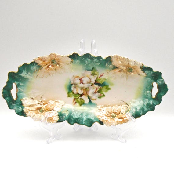Vintage RS Prussia Rose Celery Dish: Teal Porcelain, Circa 1869-1921