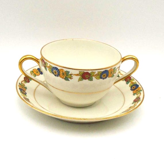 Vintage Jean Boyer Limoges Bouillon Bowl & Saucer: Floral Gold